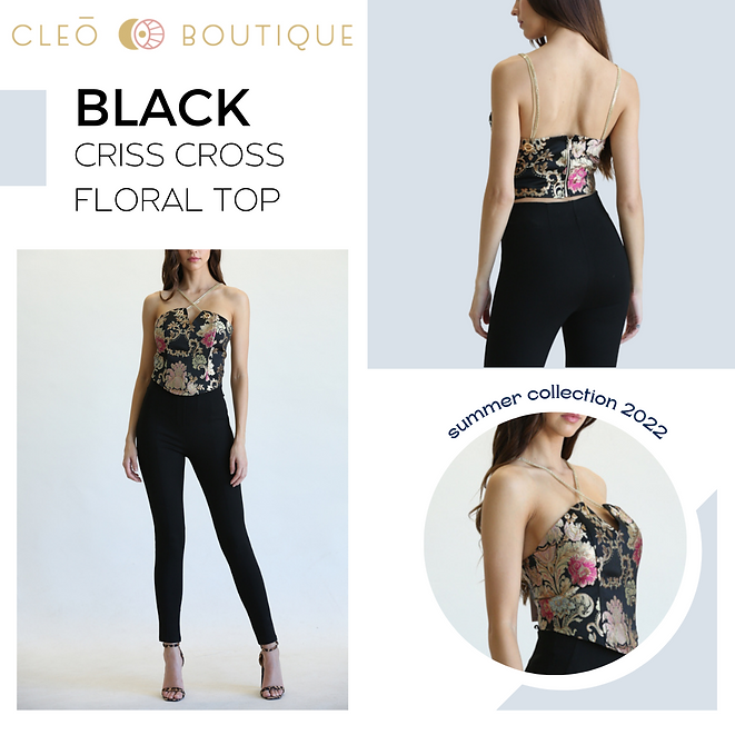 Black Criss Cross Cutout Floral Top