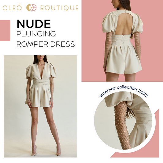 Nude Puffsleeve Plunging Dress